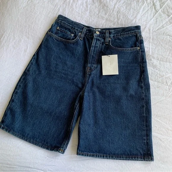 NWT Toteme Classic Bermuda Knee Length Cotton Denim Shorts Jorts Dark Blue Wash
